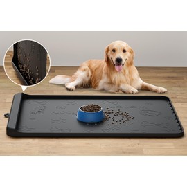 Dog Food Mat - Silicone Dog Mat for Food and Water - 36" x 24" Large Pet Feeding Mats with Residue Collection Pocket - Waterproof Dog Cat Bowl Mat with High Edges to Prevent Water Food Spills (Black)