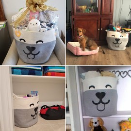 LAZYWON Large Laundry Basket Hamper 16 x 15 in - Cute Foldable Cotton Rope Dog Toy Basket with Thick Handles, Gray Decorative Storage Bin for Organizing Blankets & Clothes