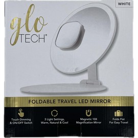 GLO TECH Foldable Travel Led Mirror - Touch Dimming & On/Off Swtich, 3 Light Settings, Warm, Natural & Cool, Magnetic 10X, Magnification Mirror, Folds Flat for Easy Travel (White)