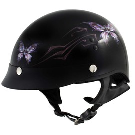 Hot Leathers HLT70 Purple Butterfly Glossy Black DOT Motorcycle Half Face Biker Helmet - X-Small