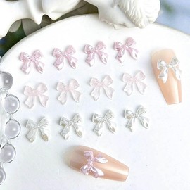 Pack of 60 Cute Bow Nail Charms Y2K White Pink Bows Nail Design Charms Nails Clear Pink Bow Knot Nail Charms Kawaii Ribbon Bow Nail Decoration Nail Art Charms Bows Nails Charms Nails Accessories