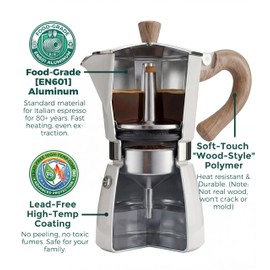 AGOGO Milano Moka Pot Stovetop Espresso Maker with 100 Paper Filters for Sediment-Free Coffee, Classic Italian Greca with Wood-Grain Handle,Cleaning Brush & Towel 6 Cup (10oz / 300ml) Cream