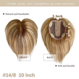 FQNing Hair Topper Real Human Hair, Crown Coverage Straight Natural Hair Topper 5''*5.5'' Soft Silk Base for Hair Loss Women (10 Inch, T14/8 dimensional brunette with blonde highlights,level 7/8 root)