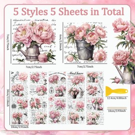 WANDIC 5 Sheets Rub On Transfer Sticker, Vintage Peony Flower Decals Retro Pink Flower Word Stickers for DIY Scrapbooking Photo Albums Furniture, 11.8 * 3.9in