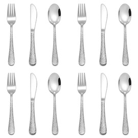 E-far 12-Piece Kids Silverware, Stainless Steel Toddler Preschooler Utensils with Adult Look, Hammered Flatware Includes 4 Forks 4 Spoons 4 Knives, Safe for Self Feeding, Non-Toxic & Dishwasher Safe
