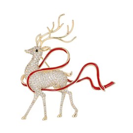 Rhinestone Deer Xmas Brooch Pin for Women Girls Gold Tone Fashion Red Ribbon Crystal Elk Brooches Lapel Pins Cute Christmas Holiday Festival Decoration Suit Dress Accessories Jewelry Gift