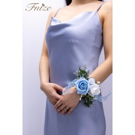 Fnize Blue Corsage and Boutonniere Set for Bride Groom Bridesmaids Groomsmen Wedding Homecoming Flowers Prom Suit Accessories, Rose Boutonniere and Wrist Corsage Flower