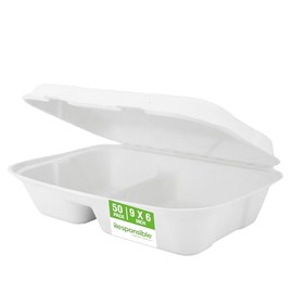 Responsible Products 9 x 6 inch 2-Compartment Hinged Containers, Tree-Less™ Compostable Molded Fiber Takeout Containers, Extra Strength, Tree-Free and Made Without PFAS, White (50 Count)