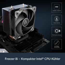 ARCTIC Freezer 8i - Compact CPU Cooler for Intel LGA1851/LGA1700, 100mm PWM Fan, Pre-Applied MX-6 Thermal Paste Hydrodynamic Sleeve Bearing