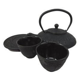 Atlantic Collectibles Japanese Evergreen Bamboo Forest Black Heavy Cast Iron Tea Pot Set With Trivet and Cups Set Serves 2 Excellent Home Decor Asian Living Gift Housewarming