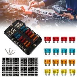 12 Way Fuse Box with Negative Terminals and Fuse Wire 12 Circuits Fuse Box Holder with Lights for Warning Lights Car Refrigerators Car Chargers