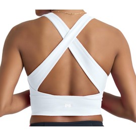 POPSUGAR Long Line Sports Bra Women, Workout Crop Tops for Women Longline Criss Cross Gym Yoga Tops with Built in Bra for Running Pilates White Light, Large