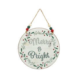 Merry and Bright Christmas Wall Hanging Ornaments, Rustic Farmhouse Wood and Metal Round Holiday Wall Sign with Wood Bead String Hanger, Dia 7.9"