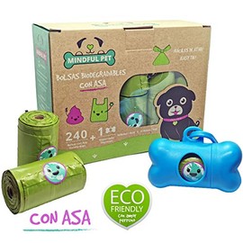 Bolsas Biodegradables con Asa para popó de Perro. Kit con 240 Bolsas (16 Rollos) + 1 Dispensador.