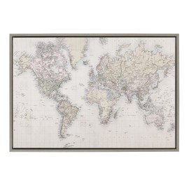 Kate and Laurel Sylvie Vintage World Map Framed Canvas Wall Art by The Creative Bunch Studio, 23x33 Gray, Decorative Map Art for Wall