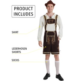 Maxim Party Supplies Men's German Lederhosen Costume - Bavarian Oktoberfest Outfit with Embroidered Suspender Shorts, White Shirt and Socks (Dark Brown, X-Large)