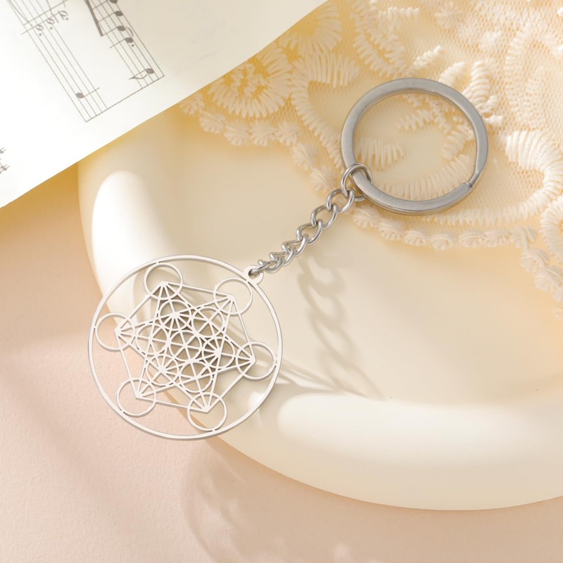 Amaxer Metatrons Cube Keyring Metatron Protection Statement Hollowed Stainless Steel