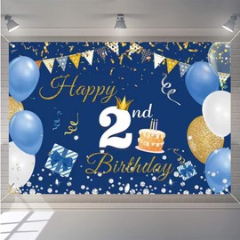 Tecreo 2nd Birthday Decorations Happy 2nd Birthday Backdrop Banner for Boys/Girls Happy 2 Years Old Fabric Sign Poster, Second Birthday Party Table Decoration, Blue, 59""x35.4""