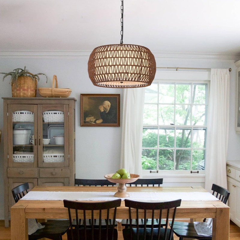 PAUFUL Rattan Farmhouse Chandelier Light Fixtures,5-Lights Boho Large Pendant Light,Woven