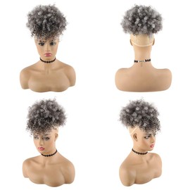 CINHOO Gray Ponytails Hair Extensions for Black Women,Afro Puff Drawstring Ponytail Synthetic Short Curly Puff Ponytail with Bangs Clip in Wrap Updo Hairpiece for Women(T1B/Gray)