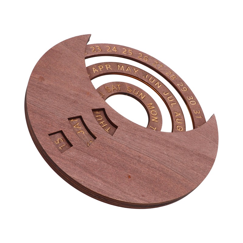 Wooden Disc Calendar Dark Brown Rotatable Disc Natural Wood Vintage