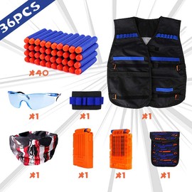WORKER Children's Tactical Vest Kit for Nerf Guns N-Strike Elite Series with 40 Balls Refill Darts, 2 Recharge Clips, Dart Bag, Tactical Masks, Hand Bracelet and Goggles for Boys, black