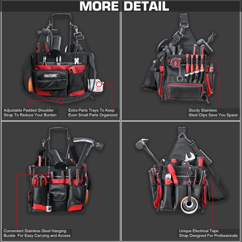 HAUTMEC Pro Electrician Tool Bag with Extra Parts Tray, Heavy-Duty