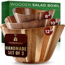 Wooden Salad Bowl Set, Wood Bowl Set of 3 - Wavy Design Large Salad Bowl for Serving, Fruit Bowls, Handmade, Durable and Stylish Natural Wood Dining Accessory by Woodenhouse