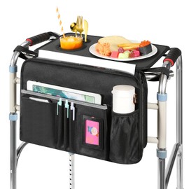 MoKo Walker Tray for Folding Walker, Tray with Two Water Cup Holders, Bag for Walkers for Seniors with Multiple Front Pockets and Zippered Back Pocket, Basket for Rolling Folding Walkers, Black