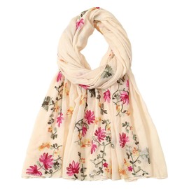 KAVINGKALY Cotton Embroidered Flowers Printed Scarf Flower Painting Fashion Scarf Neck Scarves for Women, beige