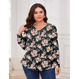 TFSDOD Womens Casual Tops Womens Plus Size Floral Tops Dress Shirts for Women Trendy Fall Hippie Tops for Women Black with Floral Print XL