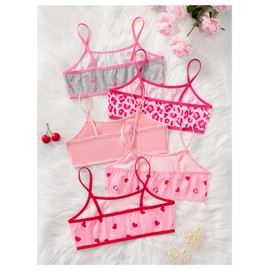 Verdusa Girl's 5 Pack Training Bras Cute Graphic Scoop Neck Spaghetti Strap Wireless Bralettes Pink 11 Years