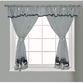 Householdfurnishing Embroidered Kitchen Window Pair Curtains Set Rod Pocket with Attached Valance & Tiebacks (Silver, W 48 x L 54 Inch)