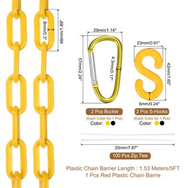 sourcing map Plastic Chain 5 FT/1.53 M, Safety Chain Yellow Black Plastic Chain Link Barrier with Zip Ties Buckle and S-Hooks for Crowd Control Queue Line Fence Decoration