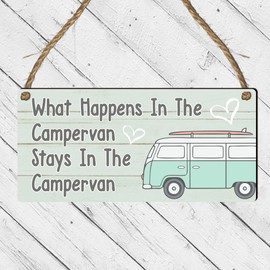 "What Happens in the Campervan Stays in the Campervan" Sign - Fun and Playful Plaque for Campervan Enthusiasts - Rustic Twine Hanger for Easy Display - Perfect Campervan Decor
