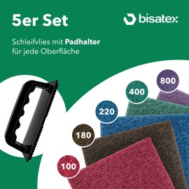 BISATEX® Sanding Fleece + Holder Set of 5 Different Grits P100-800 - Durable & Cut to Size Sanding Pads in 155 x 210 mm - Fleece for Sanding Wood, Metal and Plastic