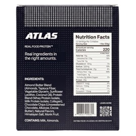 Atlas Real Food High Protein Bars – 20g Protein, 1g Sugar, Clean Ingredients, High Fiber, Low Sugar Snack Bar, No Seed Oils, No Artificial Sweeteners (Dark Chocolate Almond, 12 Count)