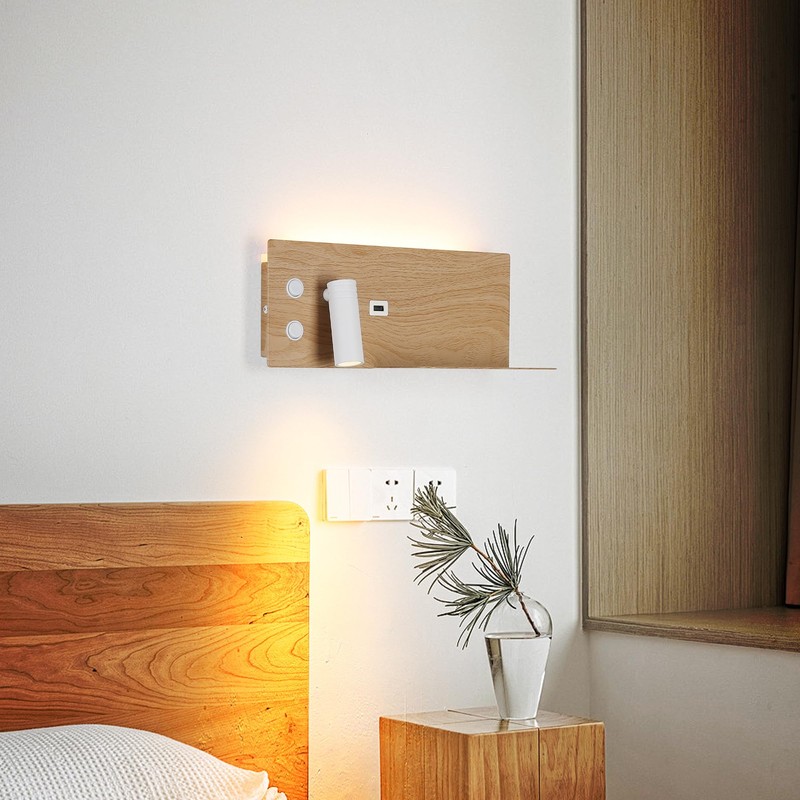 Modern LED Wall Sconce for Bedroom,Wood Plug in Wall Light