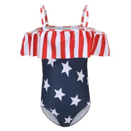 Zestonie Girls One Piece Swimsuits Off Shoulder Bathing Suit for Kids Hawaiian Swimwear American Flag Size 7/6-7 Years