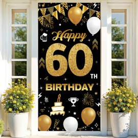 PHXEY 60th Birthday Decoration for Men Women, Fabric Happy 60th Birthday Banner Backdrop Black Gold, 60 Year Old Birthday Party Yard Sign Photo Props Door Decor Supplies, Sturdy(3 x 6.1ft)