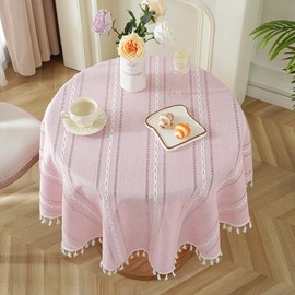 meioro Stitching Tassel Tablecloths,Stripe Table Cloth Cotton Linen Tablecloth,Textured Fabric Table Cover,Wrinkle Resistant Table Covers for Kitchen Dinning,Round 55 Inch,2-4 Seats,Pink