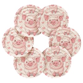 Msyxl Cute Pig Drink Coasters Set - 6 Pcs Minimalist Woven Coasters with Holder for Home Decor, 3.94 Inch Absorbent Coasters for Drinks