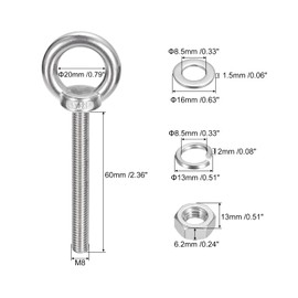 sourcing map Lifting Eye Bolt, 4 Sets M8 x 60mm Eye Bolt with Nut Washer 304 Stainless Steel Shoulder Lifting Ring Eye Bolt for Hanging Item