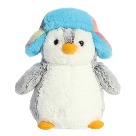 Aurora® Festive Pompom Penguin™ Pom Pom Rainbow Trapper™ Stuffed Animal - Vibrant Companions - Endless Fun - Gray 9 Inches