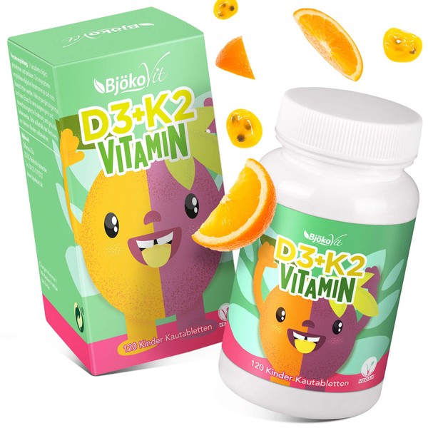 Vitamin D3 K2 Children's Chewable Tablets for 120 Days - 100% Vegan and Sugar Free - 400 IU Vitamin D from Lichens & 22.5 µg Vitamin K for Children - Vitamin D Children Vitamins Children