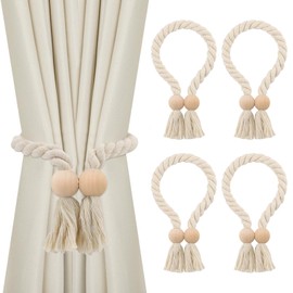 Yuyueda Pack of 4 Magnetic Curtain Tiebacks, Curtain Holders, Curtain Holders, Wooden Boho Curtains, Curtain Tiebacks, Cotton Rope, Tiebacks for Curtains, Home Office Curtains, Decoration