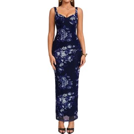 HTZMO Women Summer Floral Bodycon Maxi Dress V Neck Halter Sleeveless Casual Wedding Guest Party Elegant Long Dresses Navy Floral M