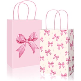 JarThenaAMCS 24Pcs Pink Bow Paper Bags Cute Bow Knot Treat Bags with Handles Ivory Candy Goodie Bags Grocery Shopping Bags for Coquette Birthday Party Favors Supplies
