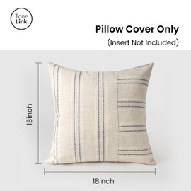 Tone Link. 18x18 Inch Farmhouse Throw Pillow Covers, Set of 2 Textured Pillowcase, Beige with White & Gray Stripe Patchwork Cushion Cover for Sofa Living Room (Cover ONLY)