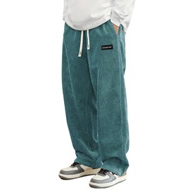 Hidkat Mens Corduroy Casual Pants Fashion Loose Fit Wide Leg Pants Straight Sweatpants Elastic Waist Drawstring Peacock-Blue